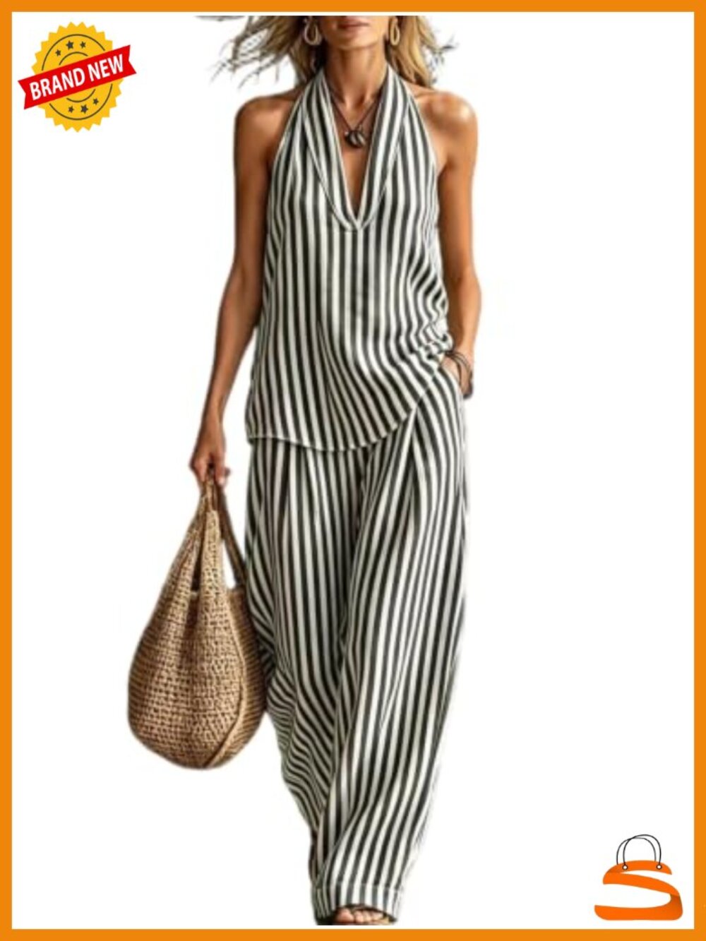 Striped Cotton 2 Piece Set Halter V Neck Top & Wide Leg Pants